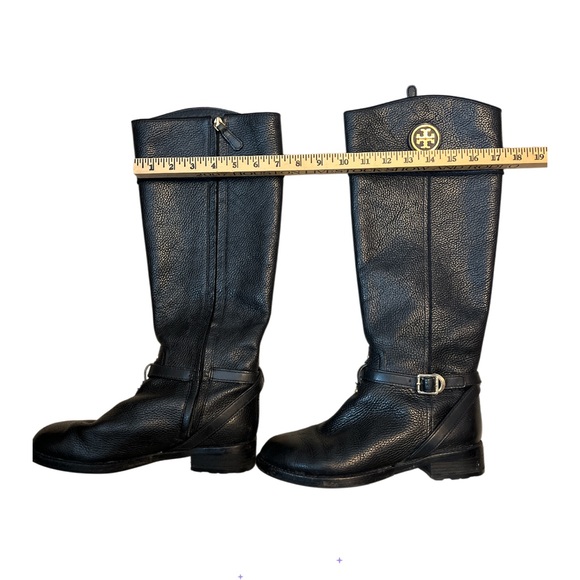 Tory Burch Black Leather Riding Boots Gold Logo Buckle Womens Size 8M - Picture 12 of 12
